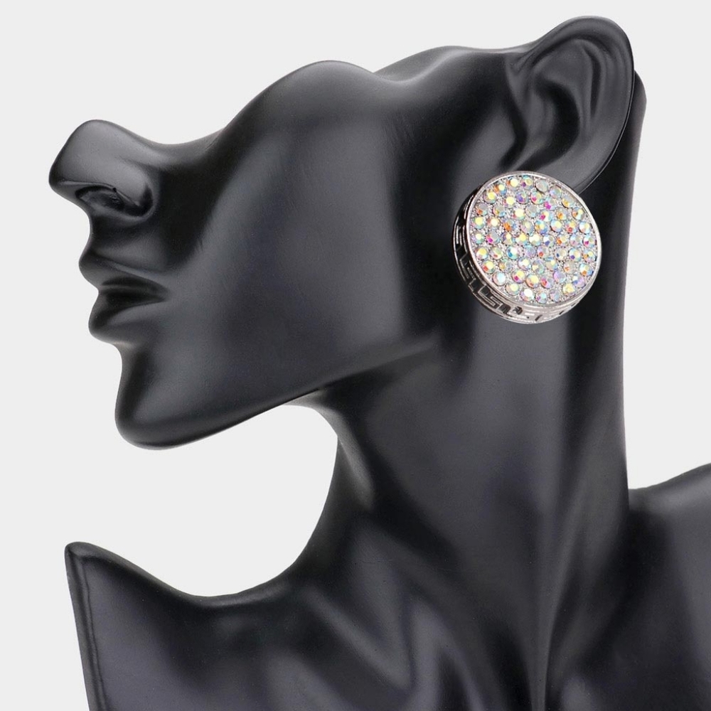 Abalone Silver Greek Key Patterned Rhinestone Crystal Round Stud Earrings